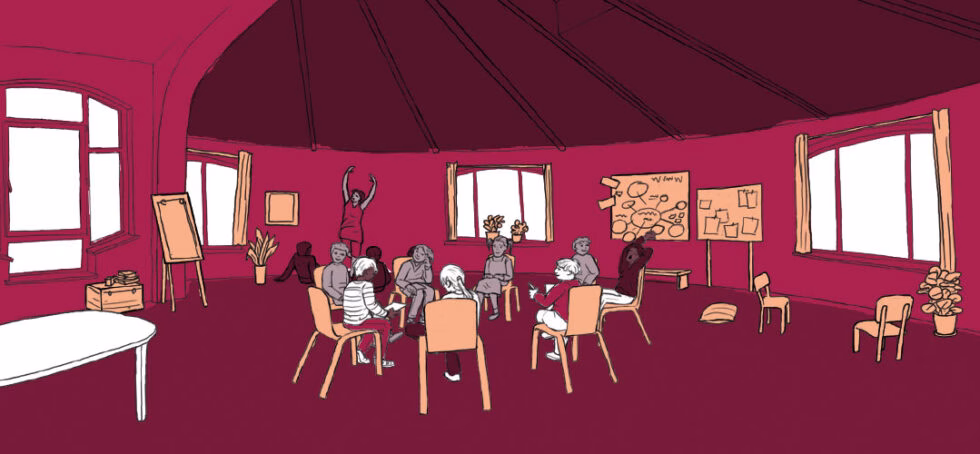 Illustration in lila und orangenen Farben: Ein großer Raum mit gewölbter Decke, eine Stuhlkreis auf dem junge Menschen sitzen, miteinander diskutieren, ein paar sitzen auf dem Boden, andere Strecken sich. An der Wand hängen beschriebene Flipcharts und Zettel.