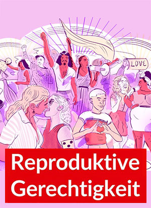 Veröffentlichung der Expert*innengespräche und der Vision für Reproduktive Gerechtigkeit im Jahre 2048. Im Hintergrund sind verschiedene FLINTA-Personen zu sehen, die für ihre Rechte und gegen Diskriminierung kämpfen.