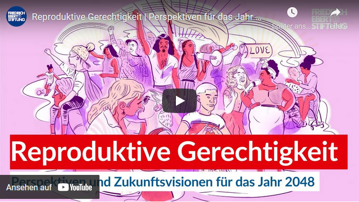 Ein Vorschaubild für das video auf YouTube mit dem Titel Reproduktive Gerechtigkeit. Im Hintergrund sind FLINTA-Personen zu sehen, die gegen Diskriminierung und für ihre Rechte einstehen.