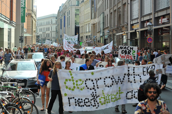Demonstration mit Transparent, auf dem geschrieben steht: Degrowth needs direct action