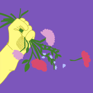 Hand mit gelbem Putzhandschuh zerdrückt einen Blumenstrauß