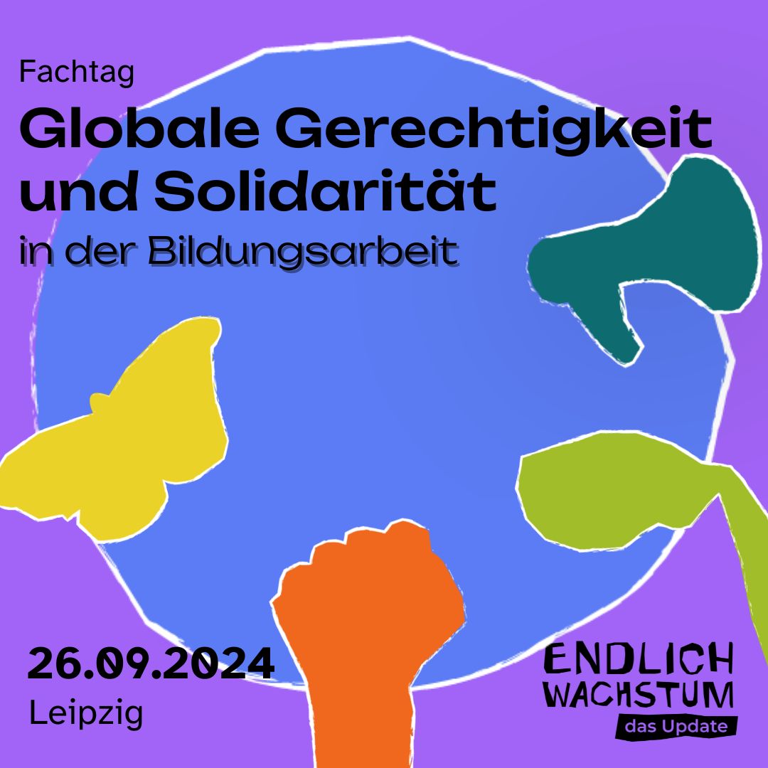 Aus einem roten Geschenkkarton fliegen verschiedene Worte wie Wandel. Zuversicht, Visionen, Degrowth. In einem großen grünen Kreis steht Wünsch dir eine Spende.