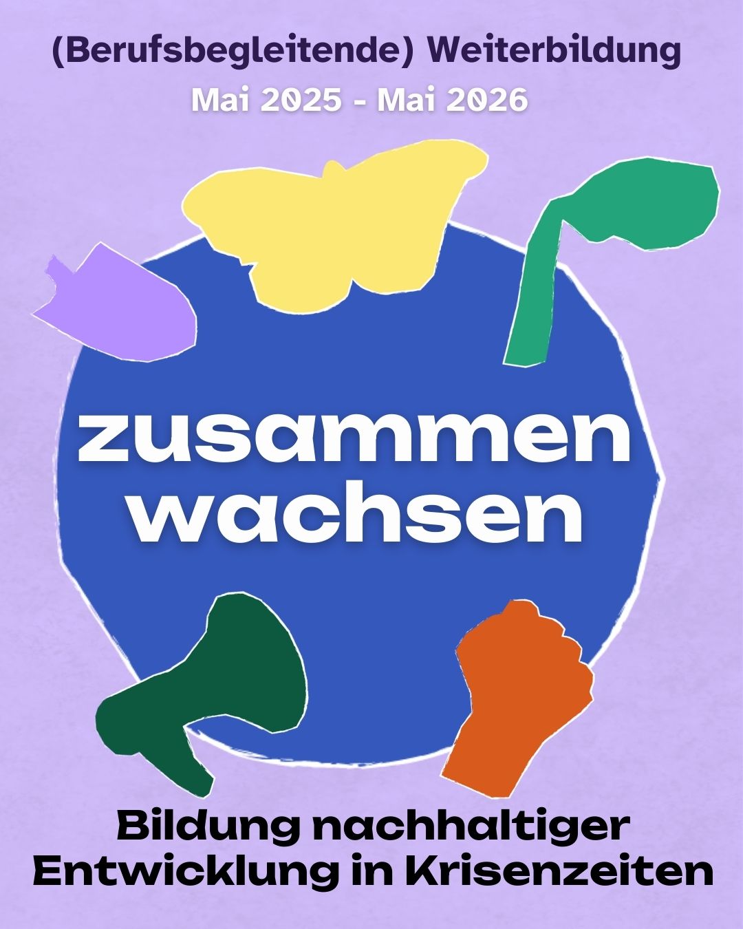 Aus einem roten Geschenkkarton fliegen verschiedene Worte wie Wandel. Zuversicht, Visionen, Degrowth. In einem großen grünen Kreis steht Wünsch dir eine Spende.