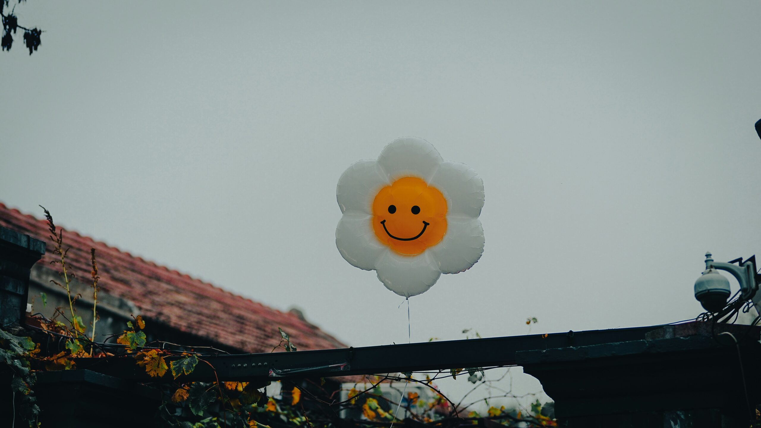 Ein blumenförmiger Luftballon mit einem Smiley darauf vor einem grauen Himmel