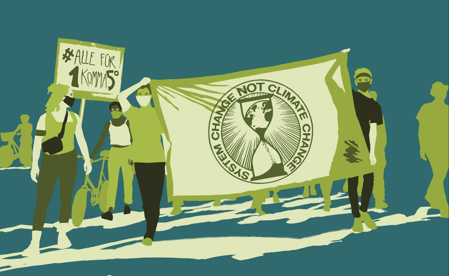 Eine Illustration von Teilnehmenden einer Demonstration mit dem Banner "System Change Not Climate Change"