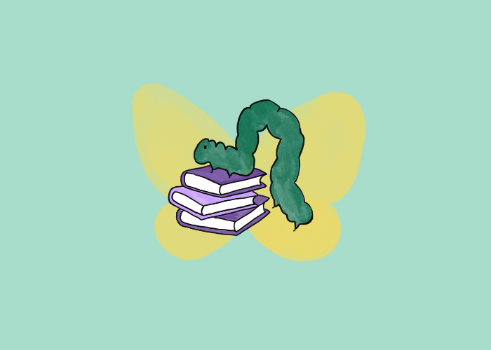 Eine Illustration einer Raupe, die auf drei Büchern sitzt. Im Hintergrund ist der gelbe Schatten eines Schmetterlings zu sehen