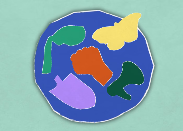 Illustration mit verschiedenfarbigen Formen auf einem blauen kreisförmigen Hintergrund